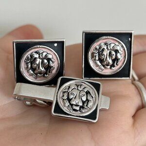 Swank Silver Tone Lion Head Cufflinks & Tie Clip Set